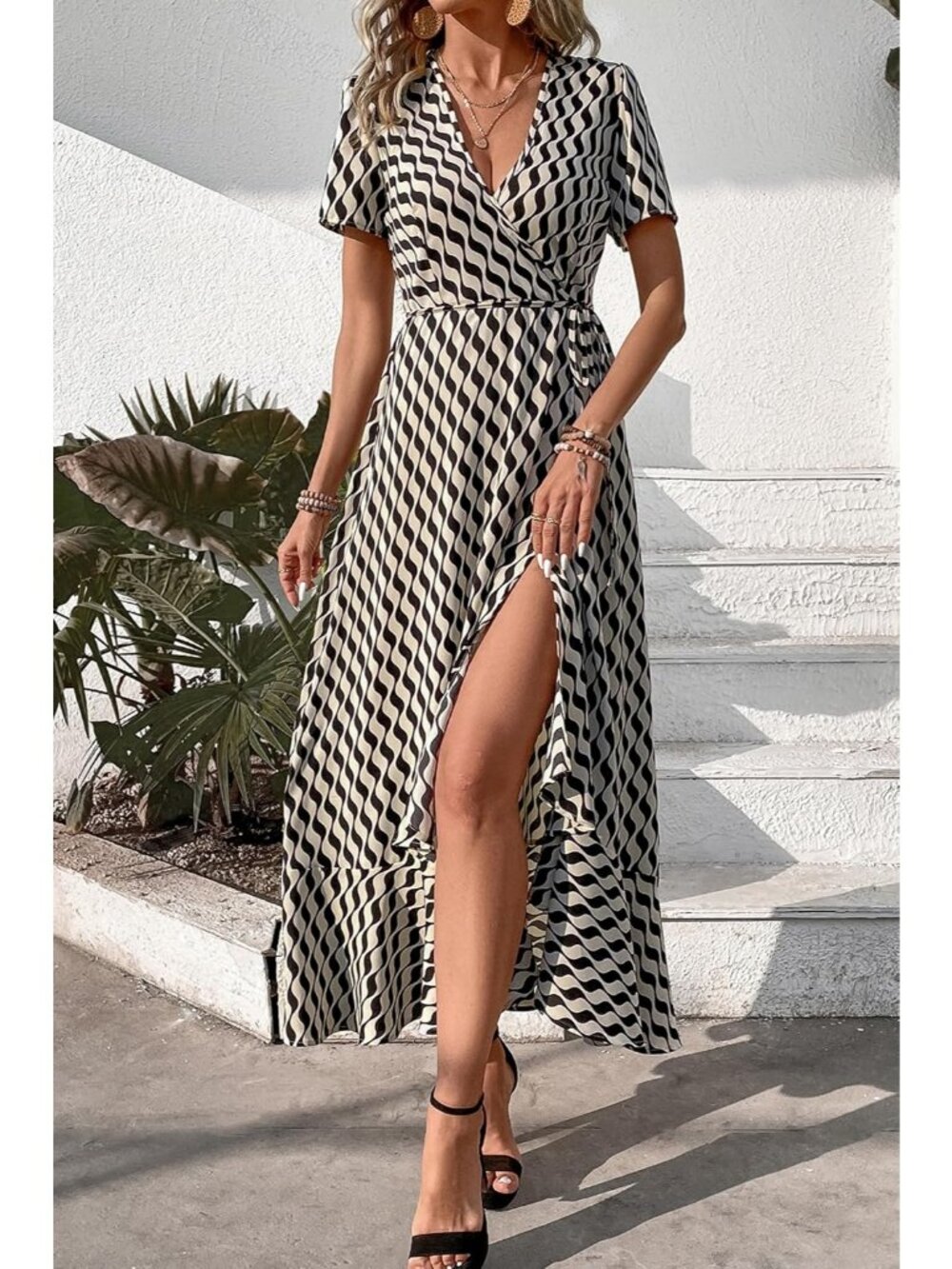 Women's White Wave V Neck Casual Short Sleeve Outfit Pull On Zipper Maxi Dresses - Picture 3 of 6